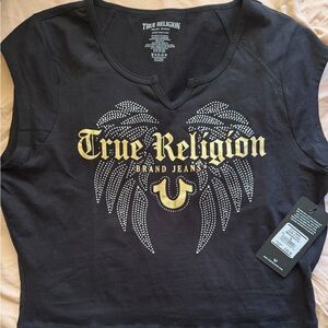 True Religion Women's Black and Gold Graphic Tee